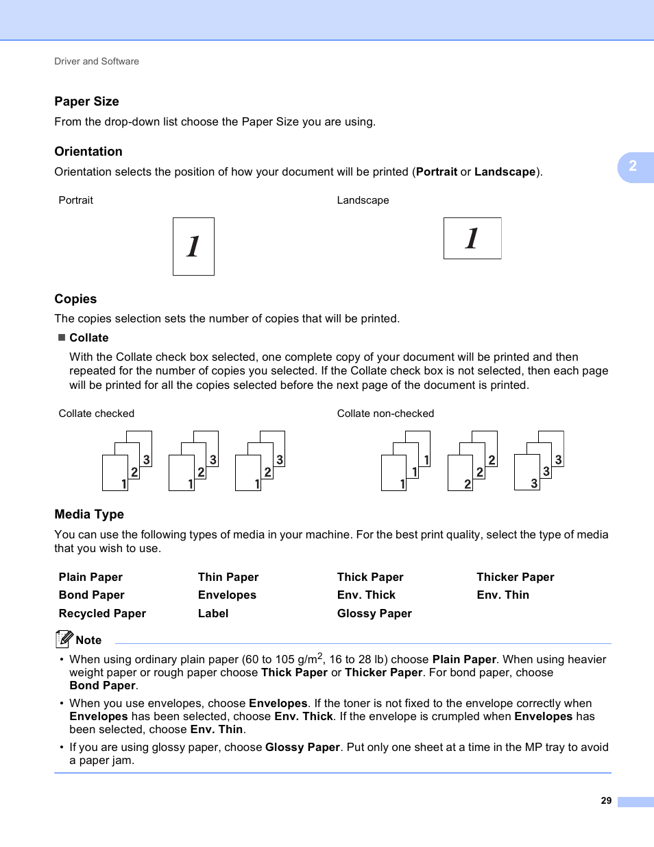 Paper size, Orientation, Copies | Media type | Brother HL 4150CDN User Manual | Page 35 / 199
