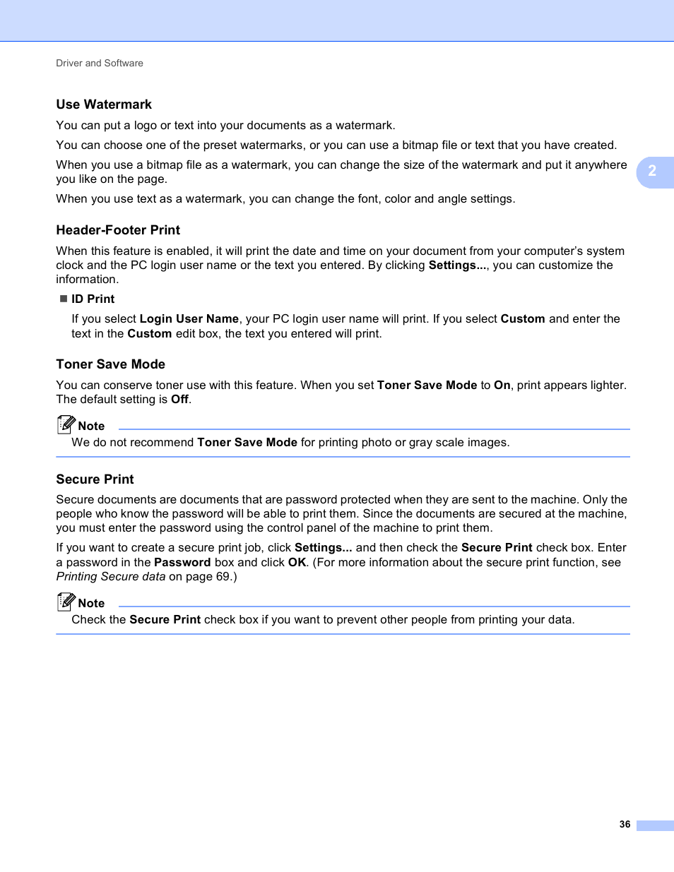 Use watermark, Header-footer print, Toner save mode | Secure print | Brother HL 4150CDN User Manual | Page 42 / 199