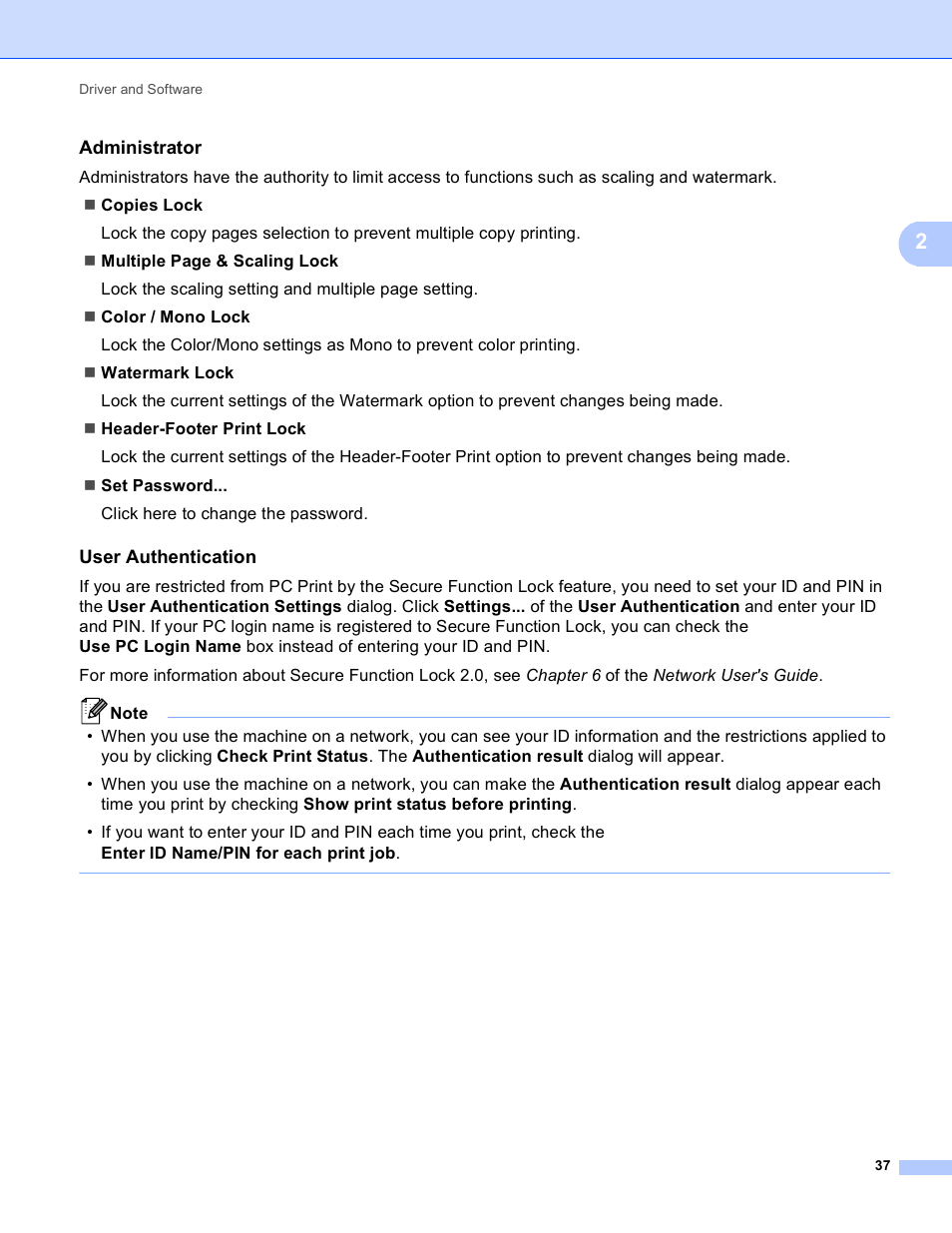Administrator, User authentication | Brother HL 4150CDN User Manual | Page 43 / 199