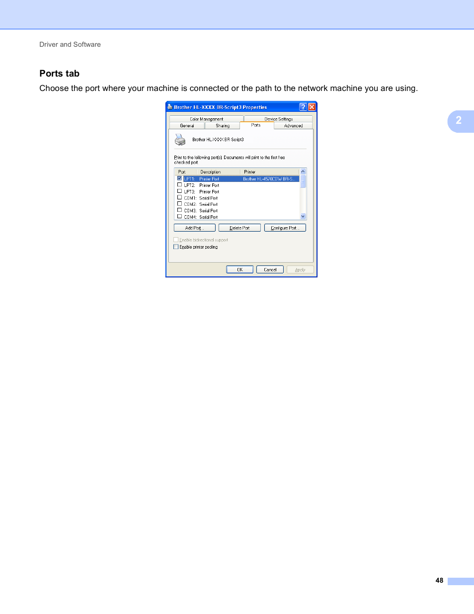Ports tab | Brother HL 4150CDN User Manual | Page 54 / 199