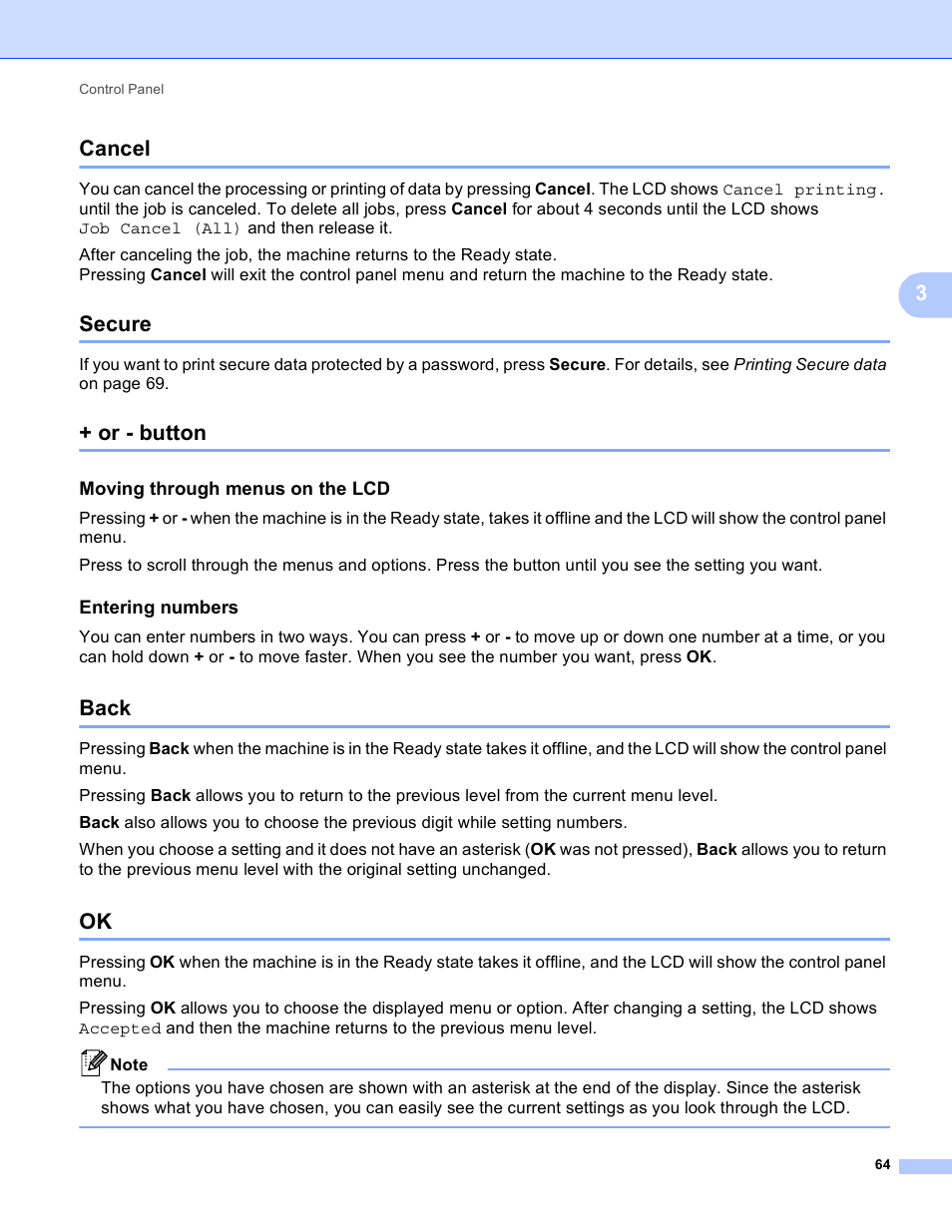 Cancel, Secure, Or - button | Moving through menus on the lcd, Entering numbers, Back, Cancel secure + or - button back ok, 3cancel | Brother HL 4150CDN User Manual | Page 70 / 199