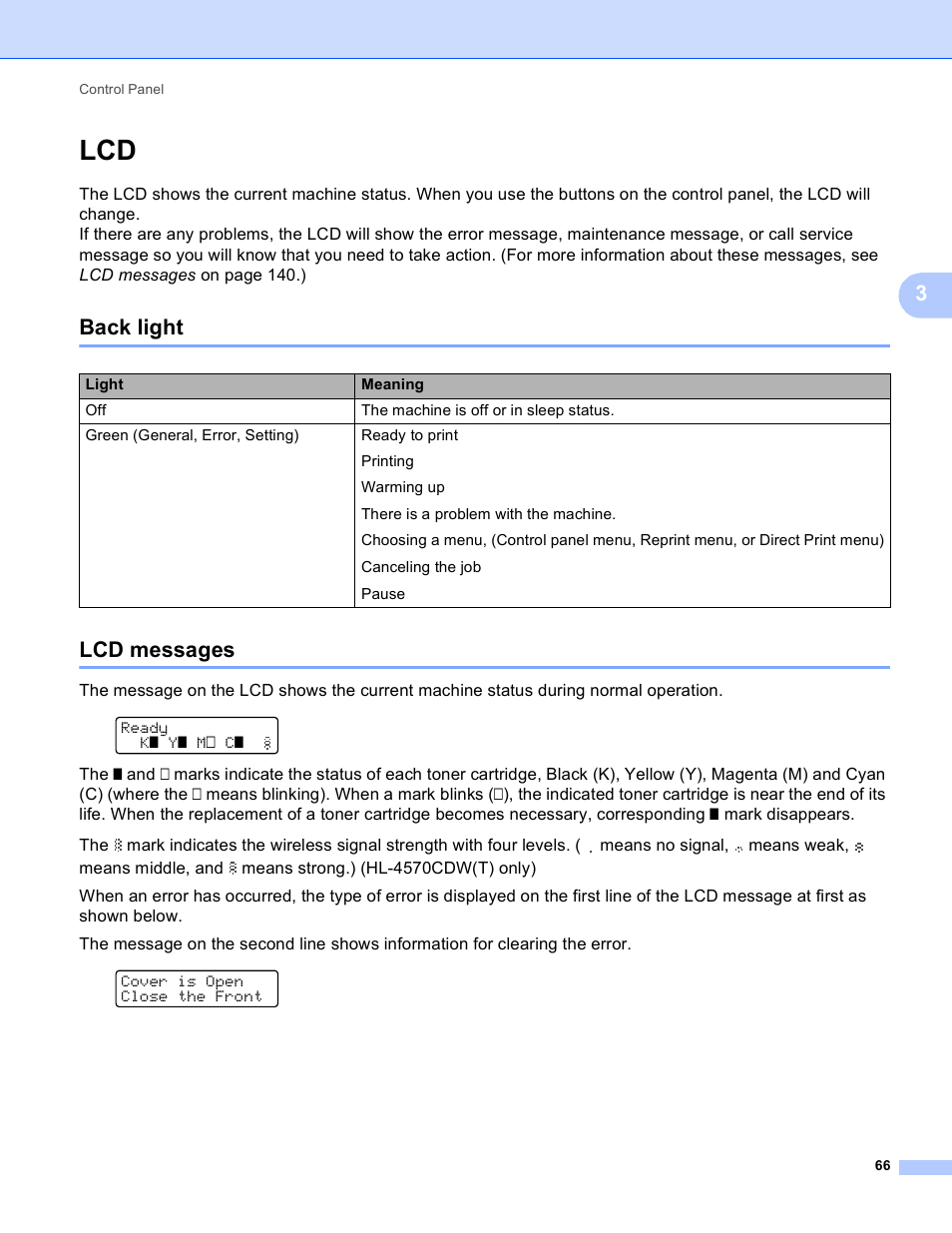 Back light, Lcd messages, Back light lcd messages | Brother HL 4150CDN User Manual | Page 72 / 199