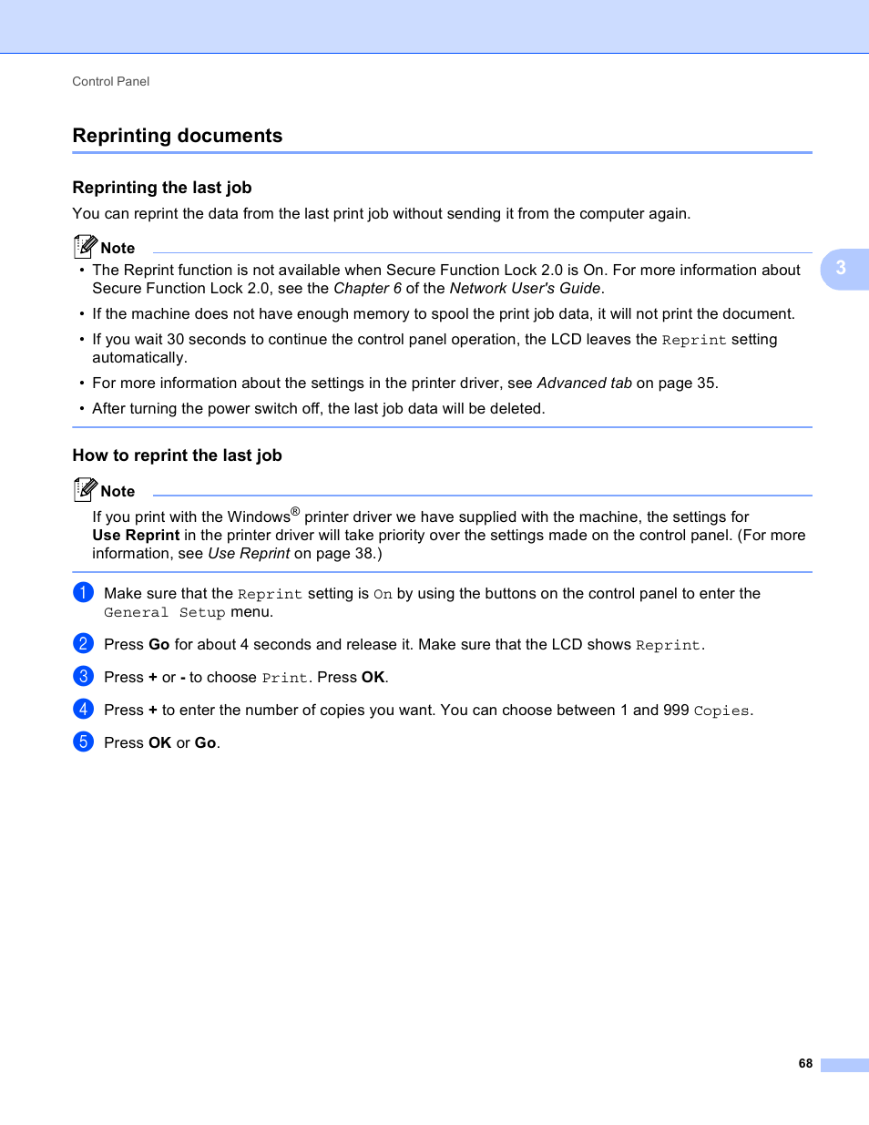 Reprinting documents, Reprinting the last job, How to reprint the last job | 3reprinting documents | Brother HL 4150CDN User Manual | Page 74 / 199