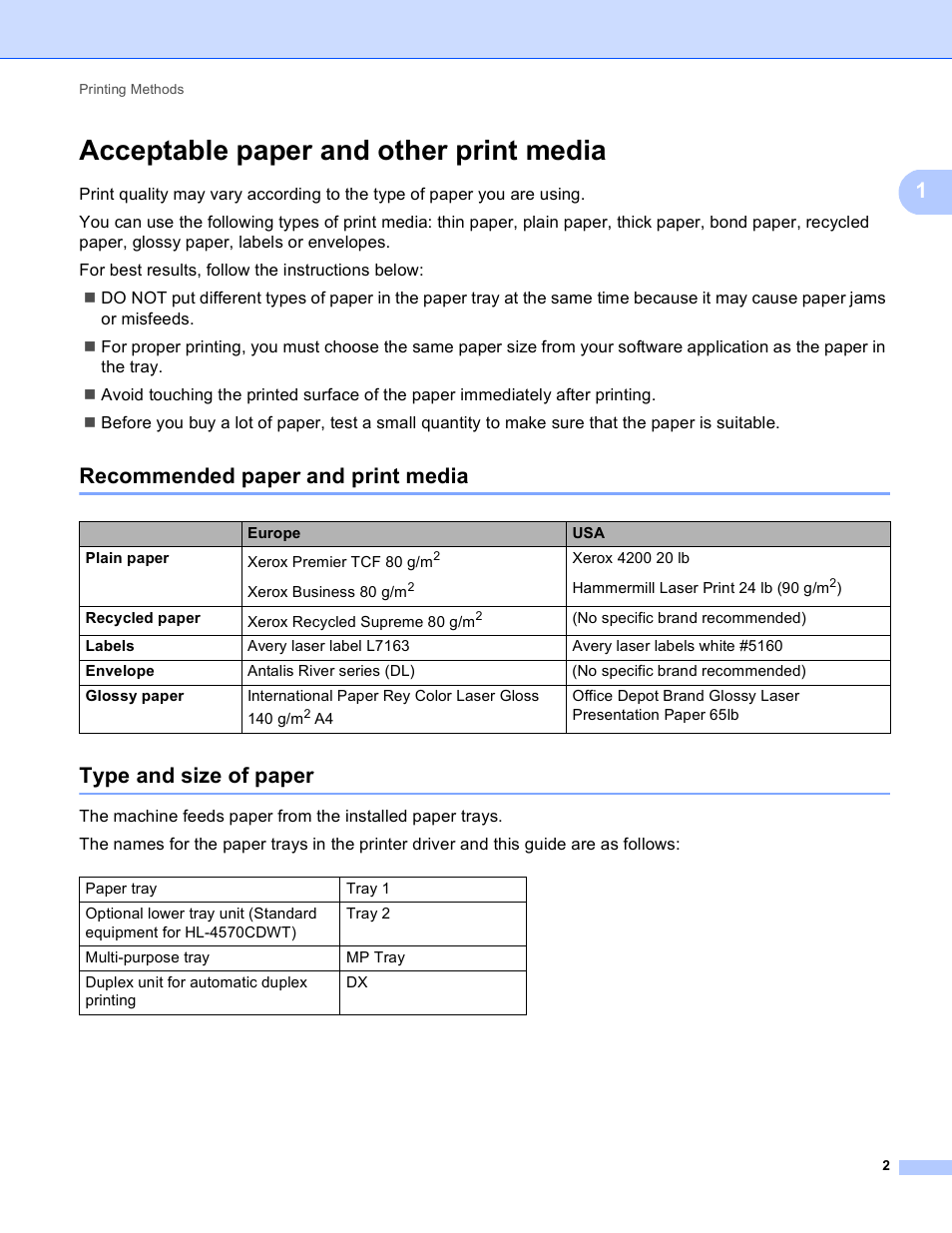 Acceptable paper and other print media, Recommended paper and print media, Type and size of paper | Brother HL 4150CDN User Manual | Page 8 / 199