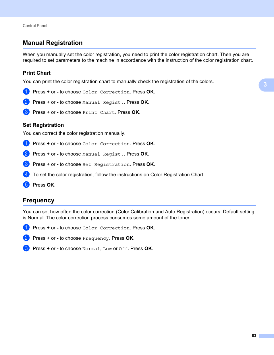 Manual registration, Print chart, Set registration | Frequency, Manual registration frequency, Manual, 3manual registration | Brother HL 4150CDN User Manual | Page 89 / 199