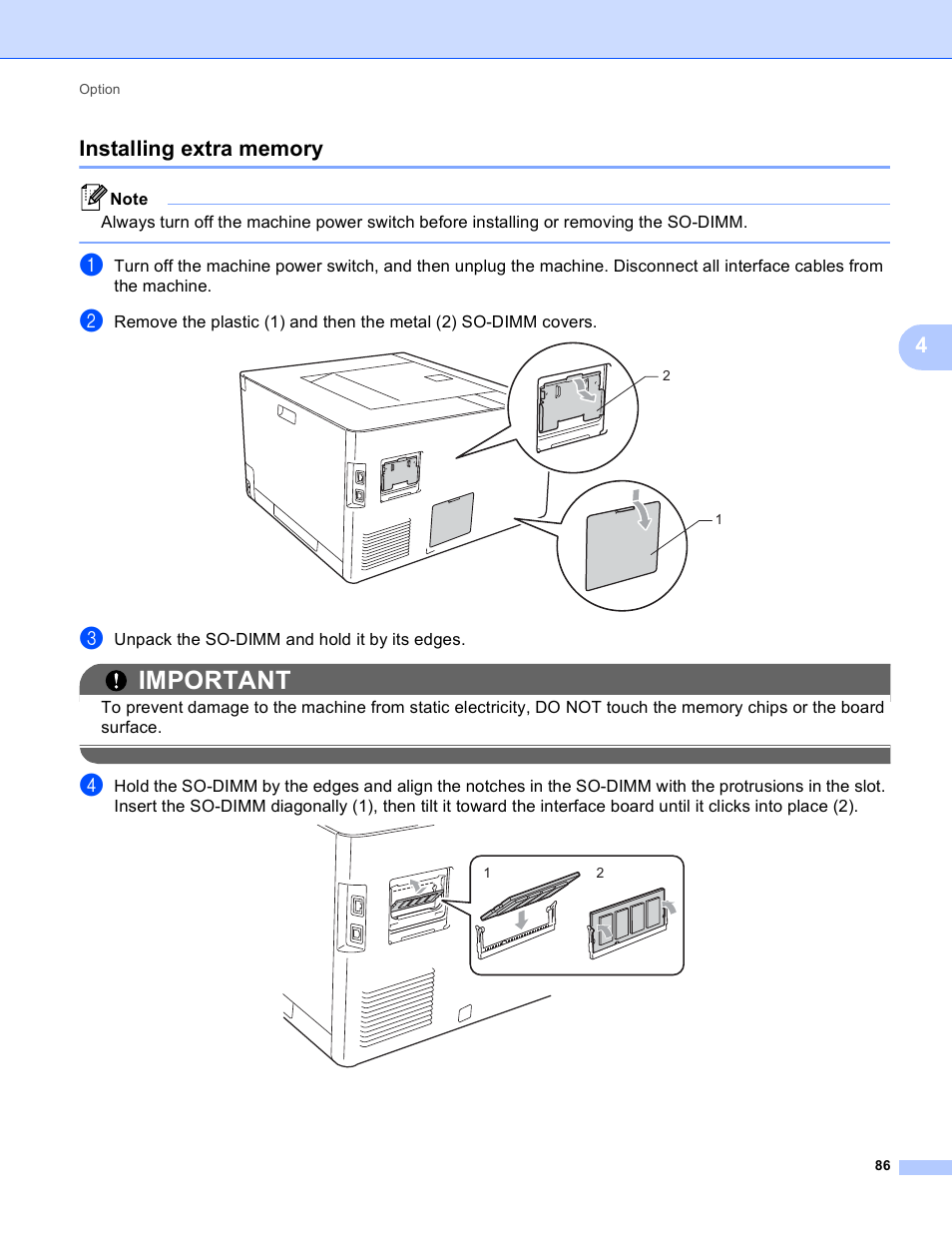 Installing extra memory, Important | Brother HL 4150CDN User Manual | Page 92 / 199