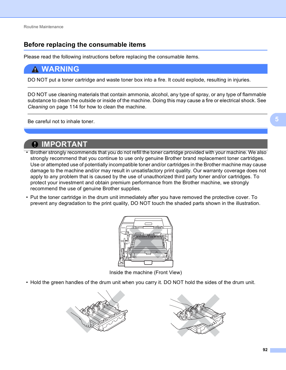 Before replacing the consumable items, Warning, Important | 5before replacing the consumable items, Be careful not to inhale toner, Inside the machine (front view) | Brother HL 4150CDN User Manual | Page 98 / 199