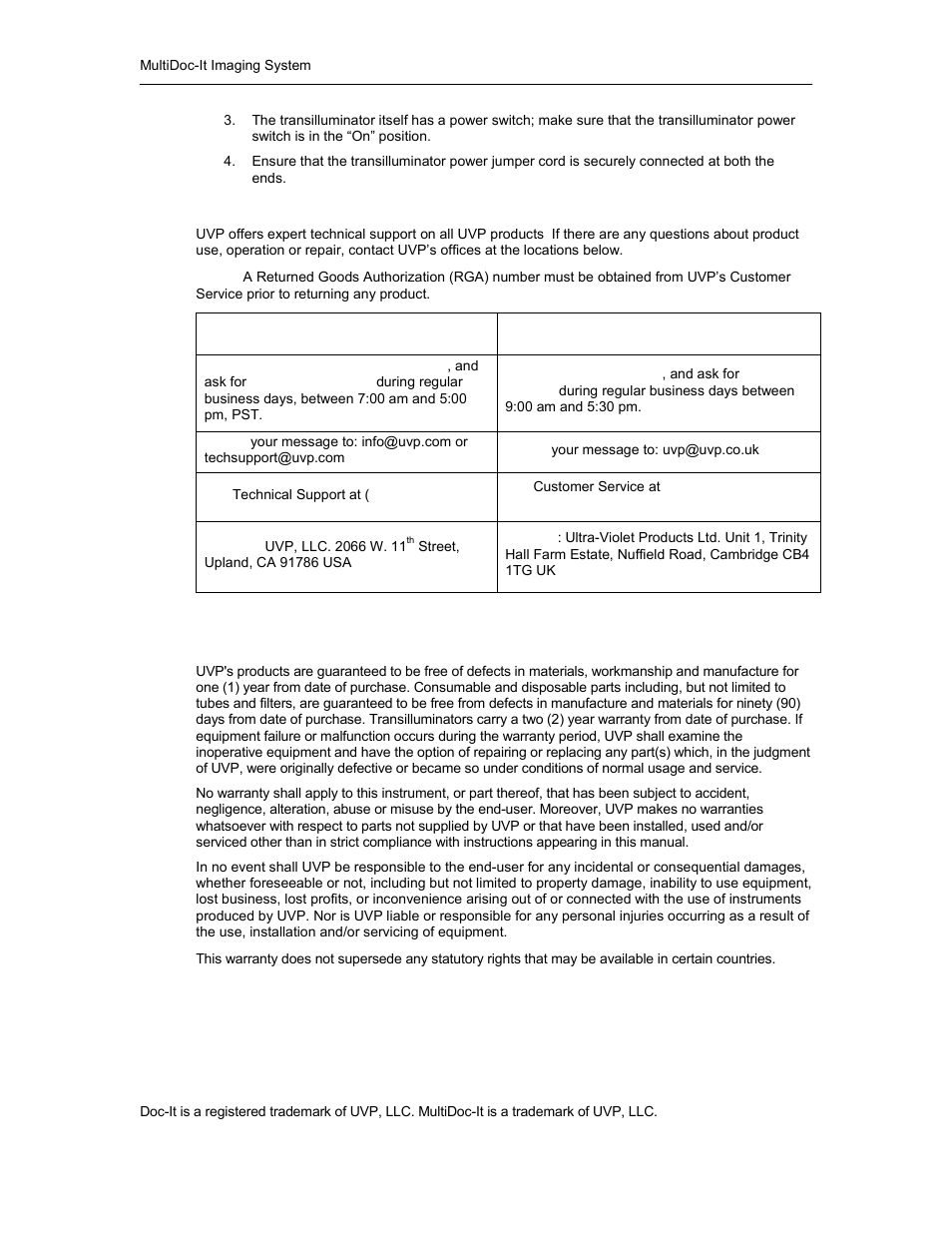 Technical assistance, Warranty | UVP MultiDoc-It Imaging System User Manual | Page 10 / 10