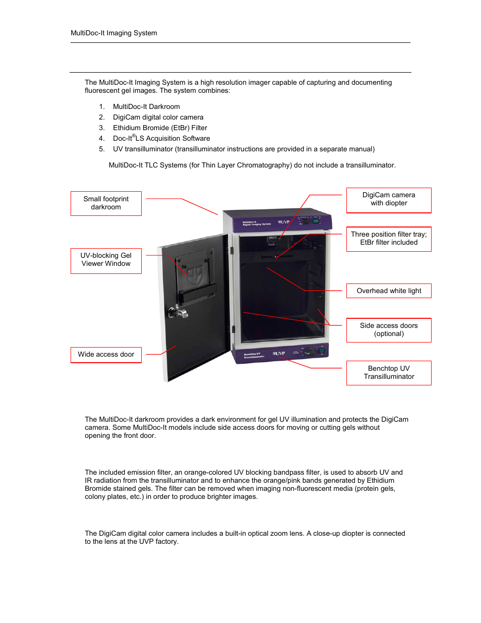 Introduction, Darkroom, Uv filter | Camera and diopter | UVP MultiDoc-It Imaging System User Manual | Page 2 / 10