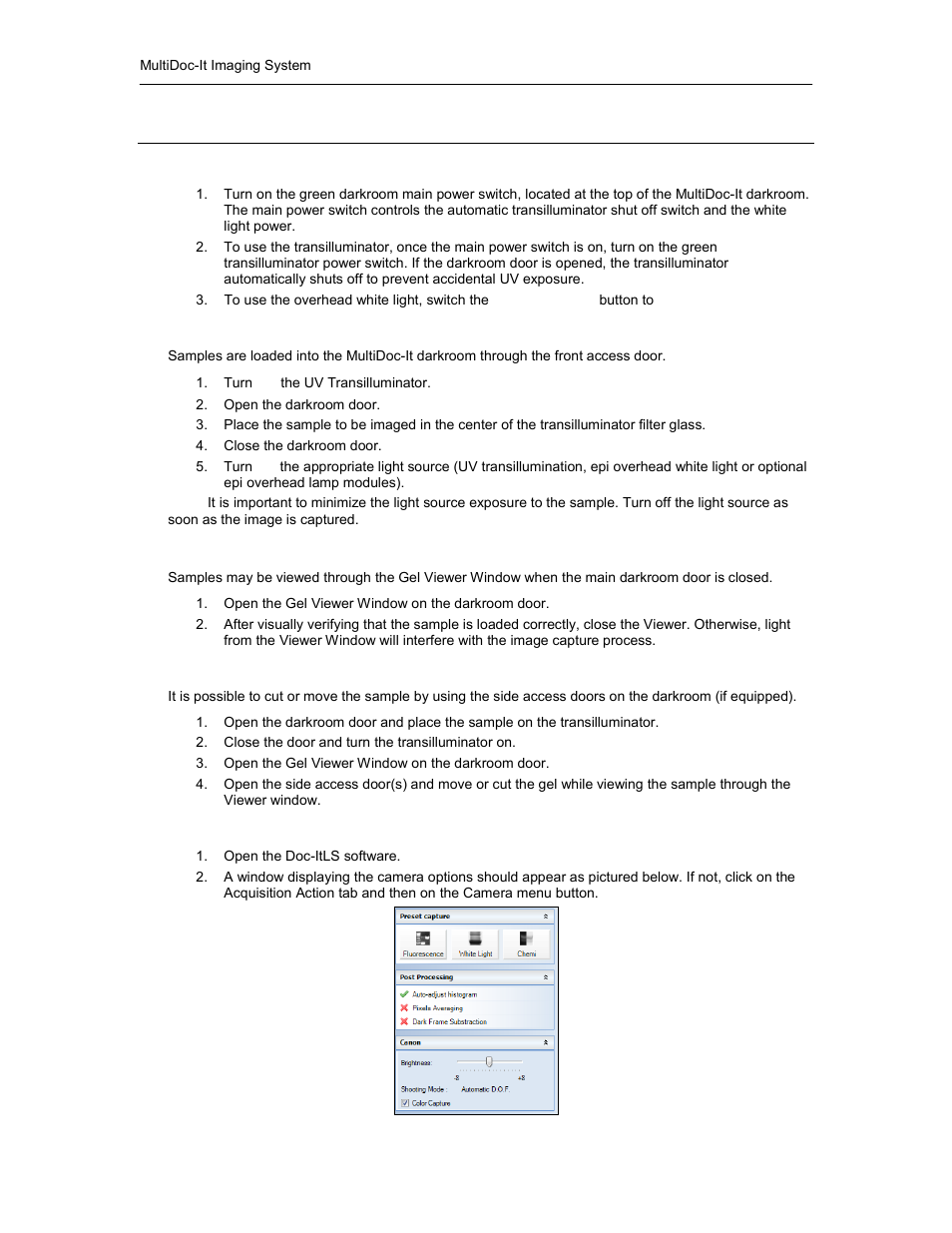 System operation, Darkroom operation, Loading samples into the darkroom | View a sample prior to capture, Move or cut a sample, Software operation | UVP MultiDoc-It Imaging System User Manual | Page 6 / 10