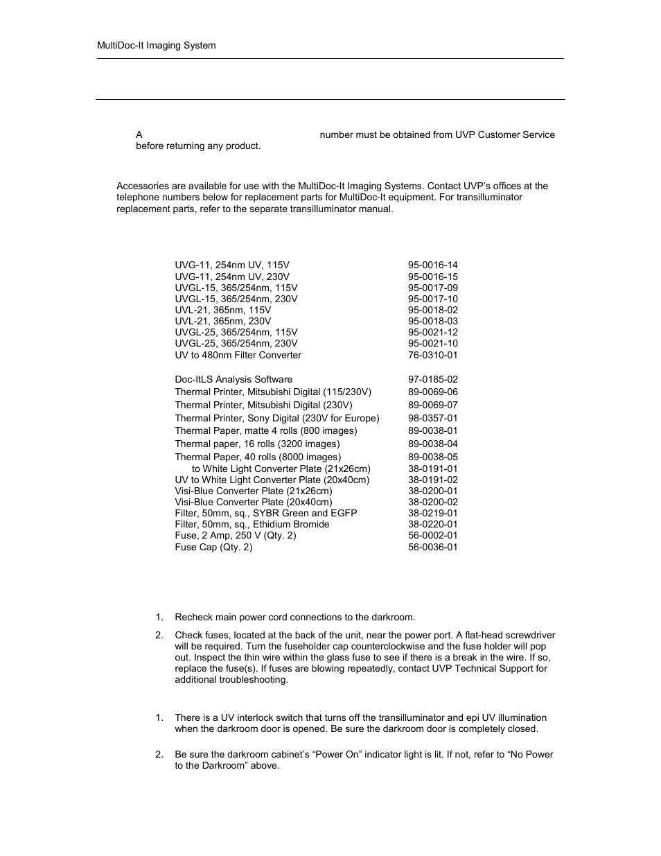 Service procedures, Return procedure, Replacement parts and accessories | Troubleshooting, No power to the darkroom, Transilluminator will not turn on | UVP MultiDoc-It Imaging System User Manual | Page 9 / 10