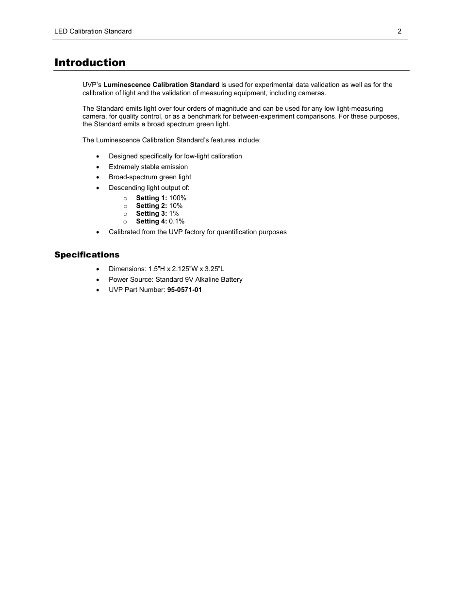 Introduction, Specifications | UVP Luminescence Calibration Standard User Manual | Page 2 / 5