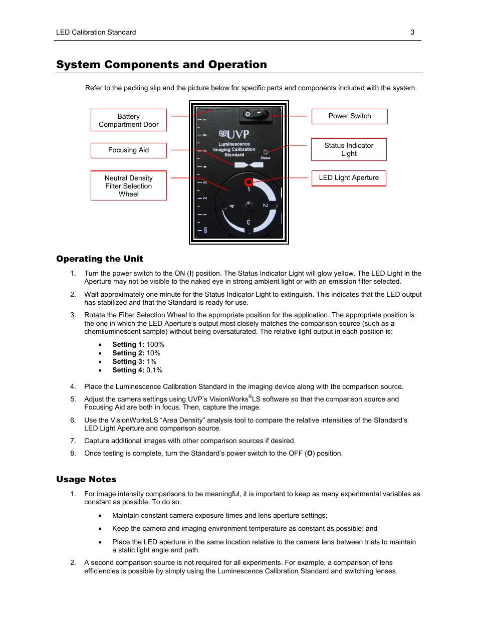 System components and operation, Operating the unit, Usage notes | UVP Luminescence Calibration Standard User Manual | Page 3 / 5