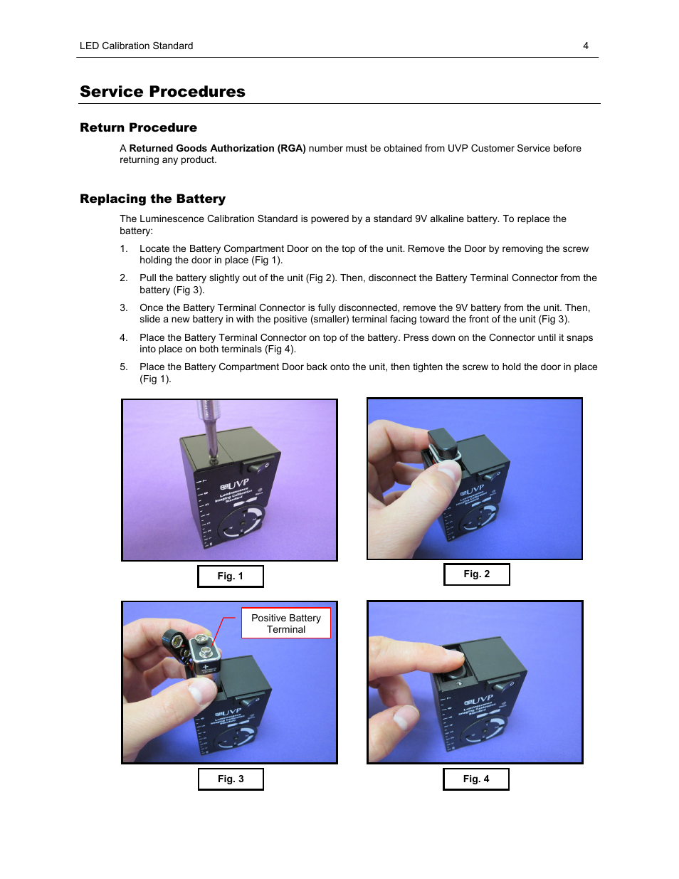 Service procedures, Return procedure, Replacing the battery | UVP Luminescence Calibration Standard User Manual | Page 4 / 5