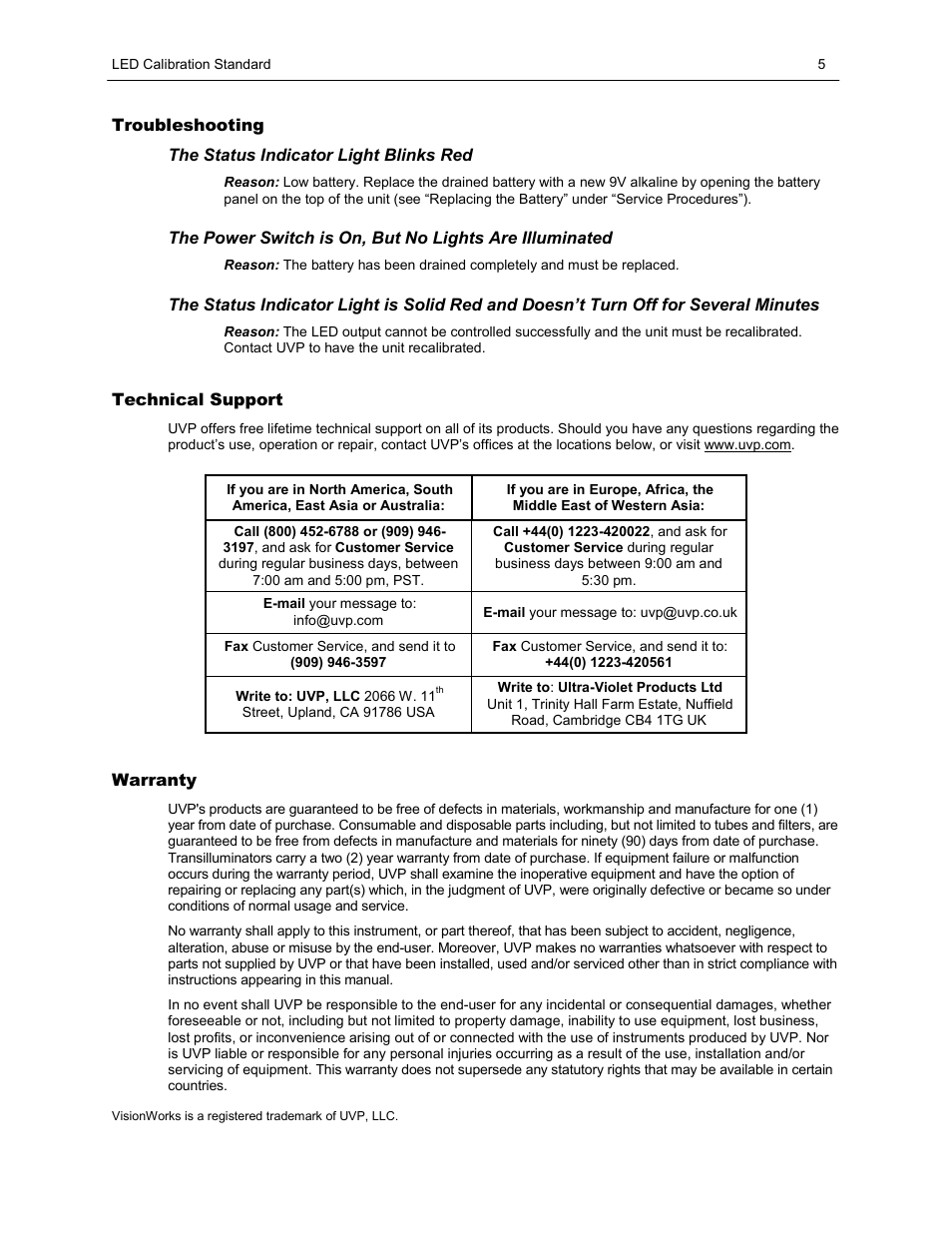 Troubleshooting, Technical support, Warranty | UVP Luminescence Calibration Standard User Manual | Page 5 / 5