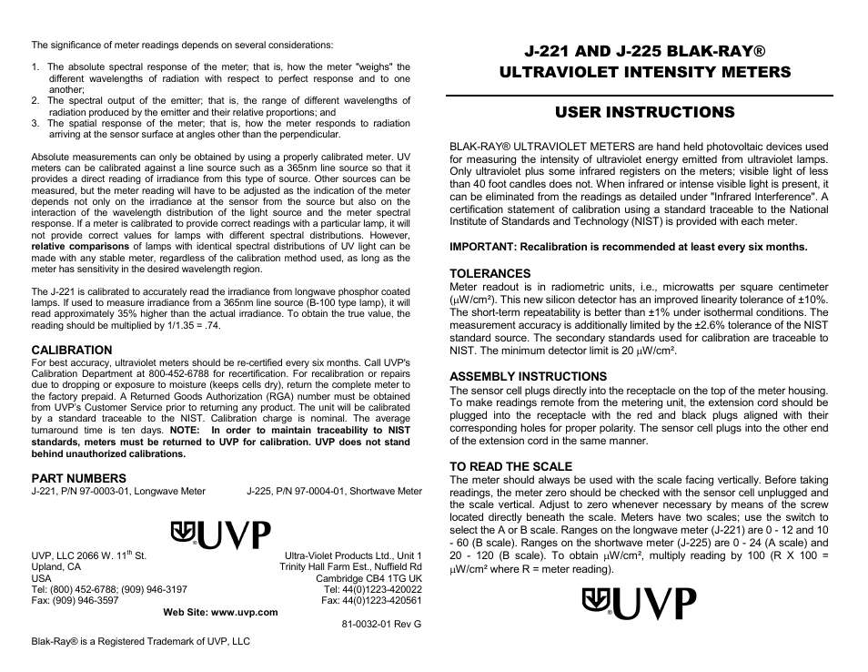 UVP J-225 BLAK-RAY User Manual | 2 pages