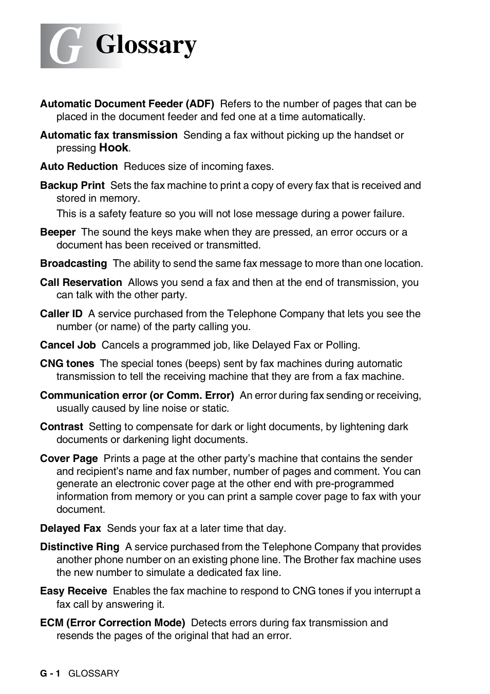 Glossary | Brother FAX-565 User Manual | Page 107 / 119