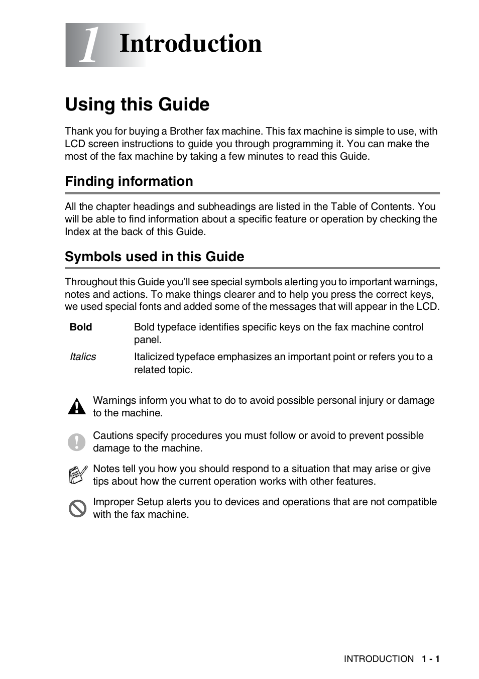 1 introduction, Using this guide, Finding information | Symbols used in this guide, Introduction -1, Using this guide -1, Introduction | Brother FAX-565 User Manual | Page 18 / 119