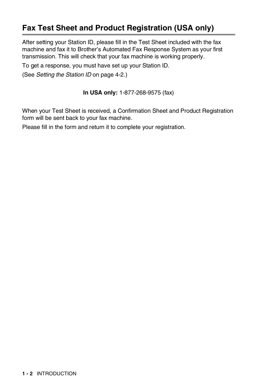 Fax test sheet and product registration (usa only) | Brother FAX-565 User Manual | Page 19 / 119