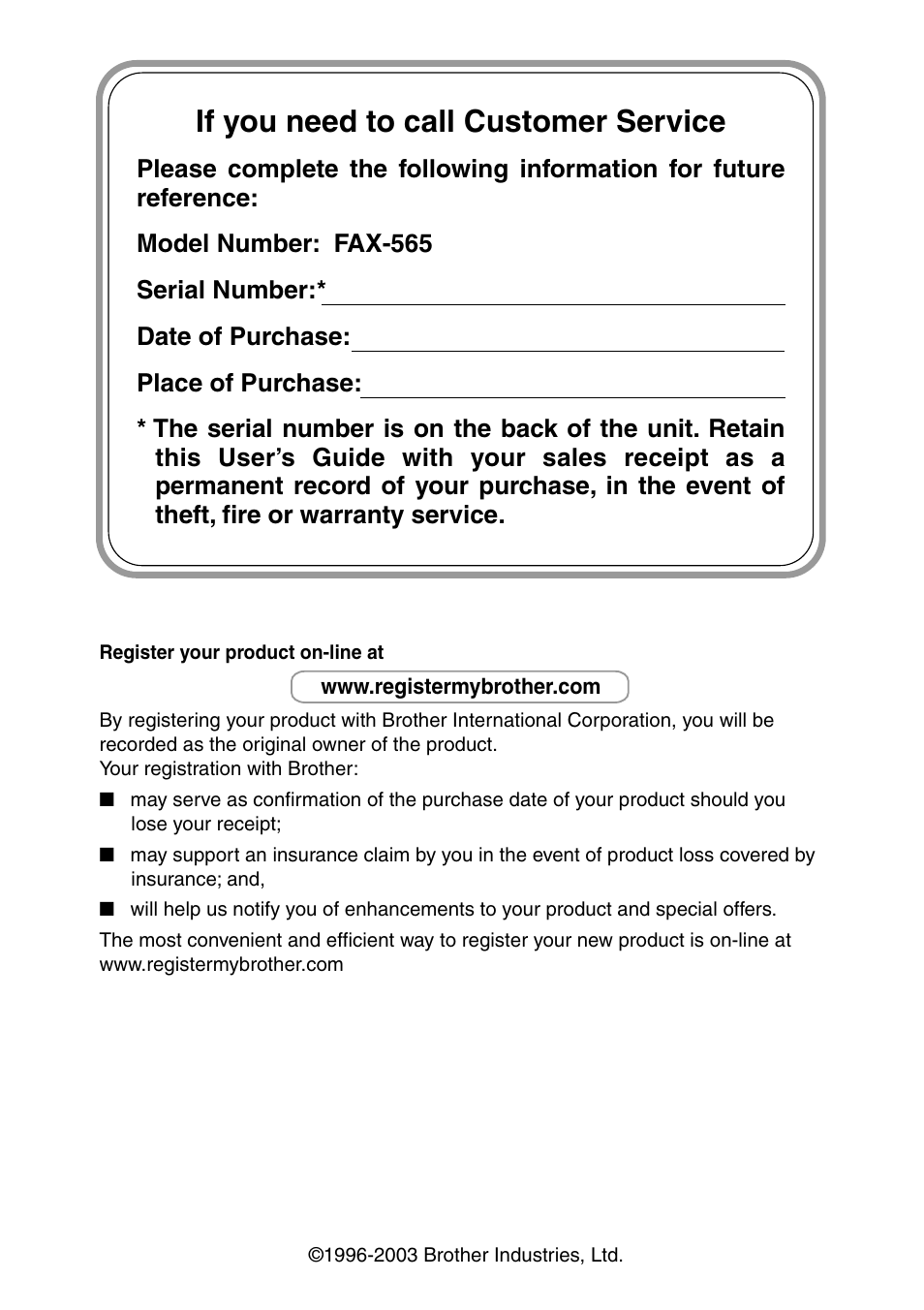 If you need to call customer service | Brother FAX-565 User Manual | Page 2 / 119