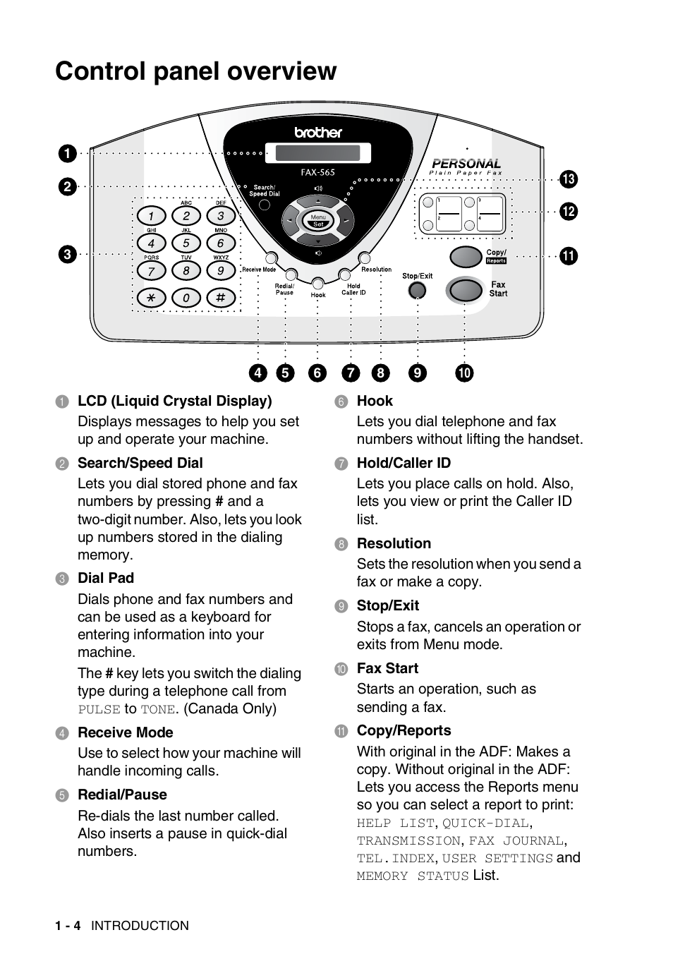 Control panel overview, Control panel overview -4 | Brother FAX-565 User Manual | Page 21 / 119