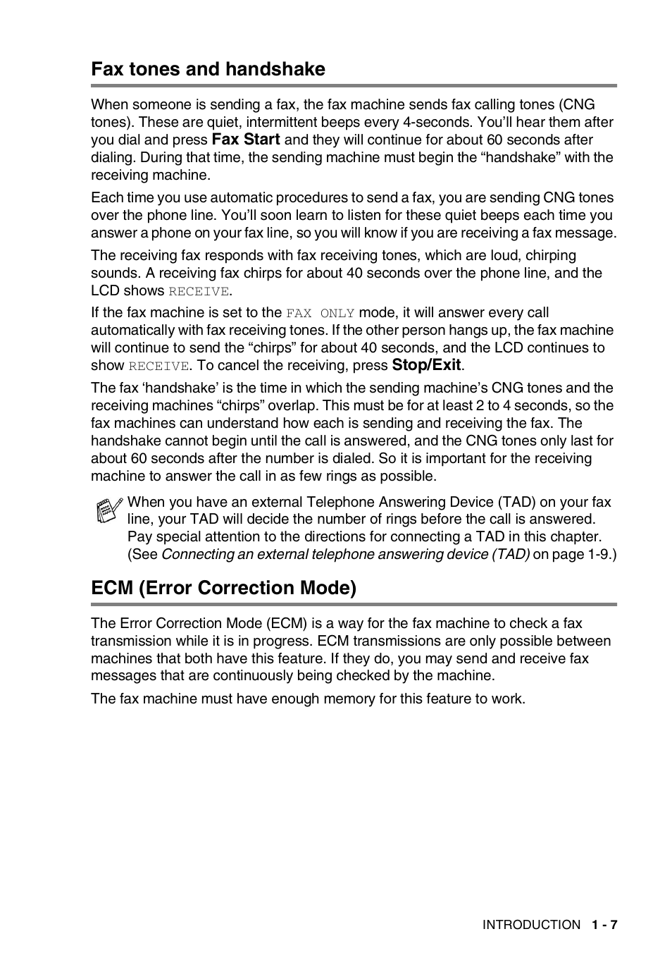 Fax tones and handshake, Ecm (error correction mode) | Brother FAX-565 User Manual | Page 24 / 119