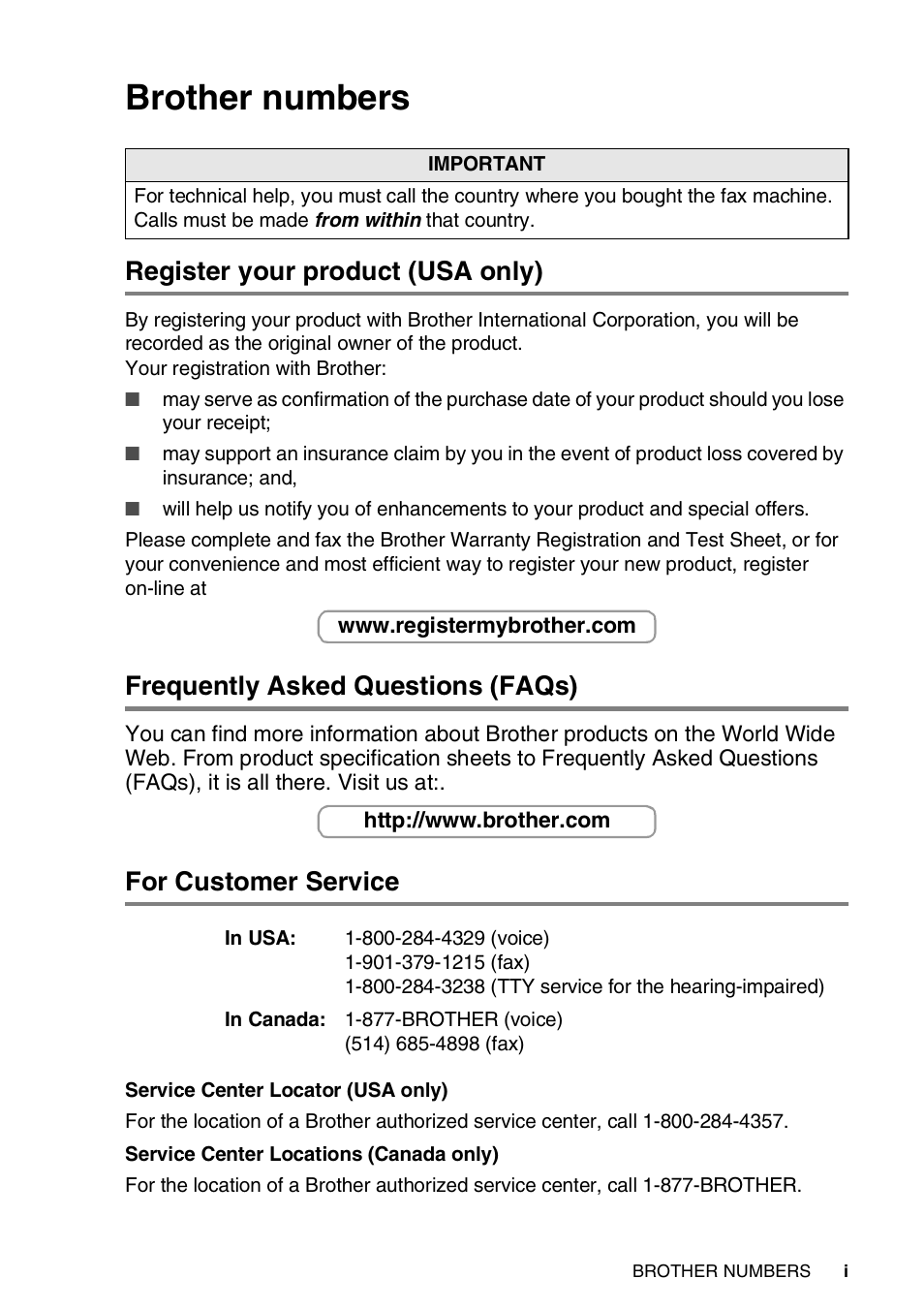 Brother numbers, Register your product (usa only), Frequently asked questions (faqs) | For customer service | Brother FAX-565 User Manual | Page 3 / 119