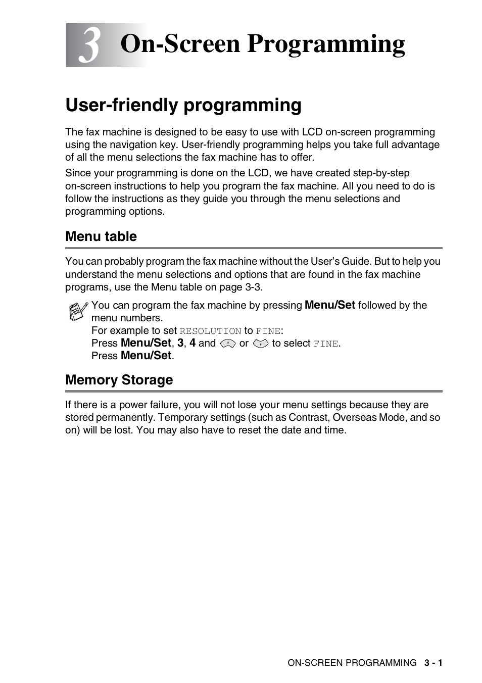 3 on-screen programming, User-friendly programming, Menu table | Memory storage, On-screen programming -1, User-friendly programming -1, Menu table -1 memory storage -1, On-screen programming | Brother FAX-565 User Manual | Page 34 / 119