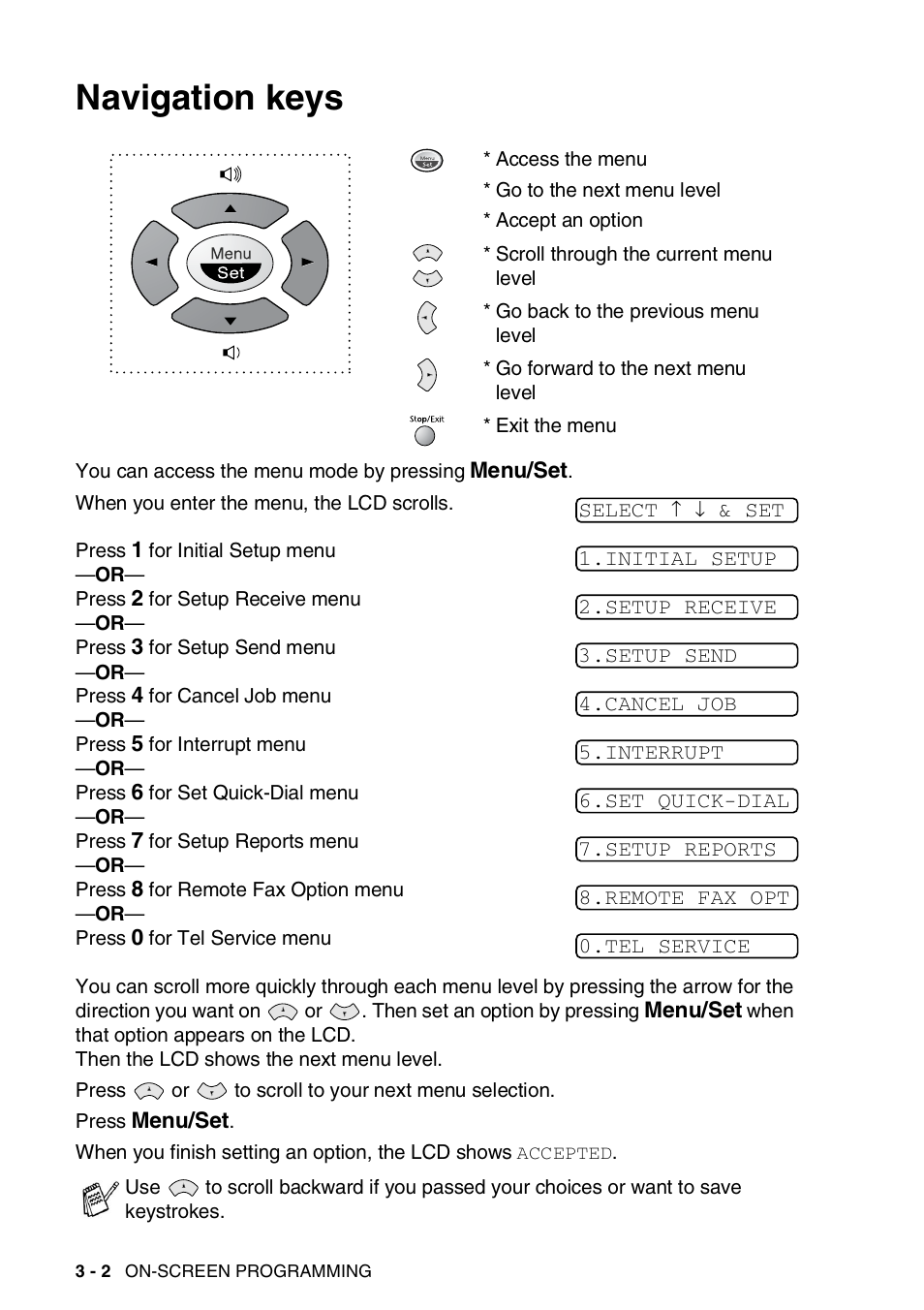 Navigation keys, Navigation keys -2 | Brother FAX-565 User Manual | Page 35 / 119