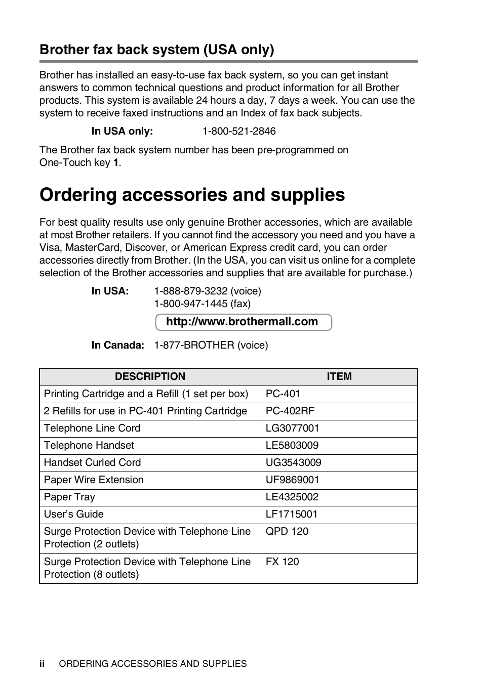 Brother fax back system (usa only), Ordering accessories and supplies | Brother FAX-565 User Manual | Page 4 / 119