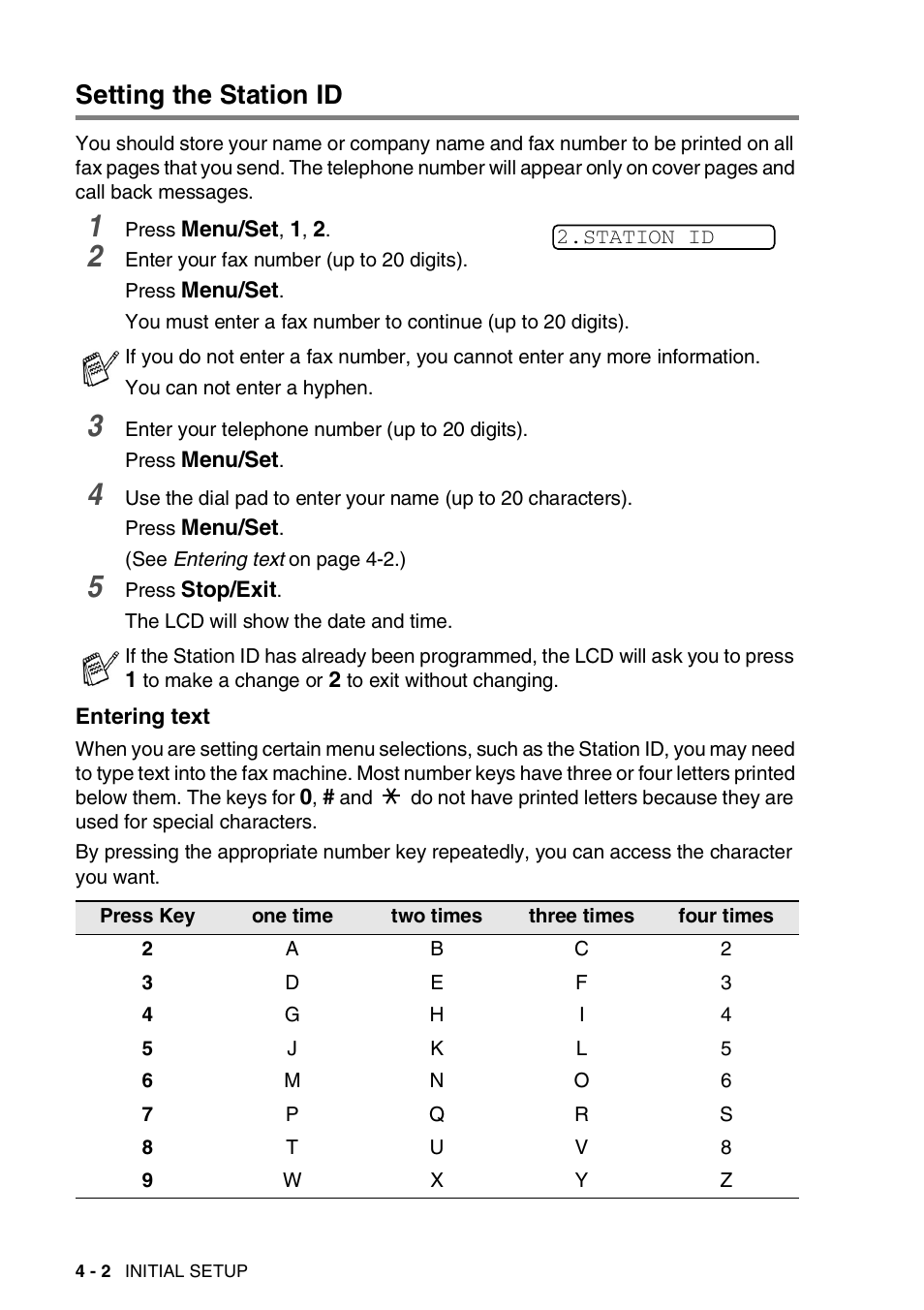 Setting the station id, Entering text, Setting the station id -2 | Entering text -2 | Brother FAX-565 User Manual | Page 41 / 119