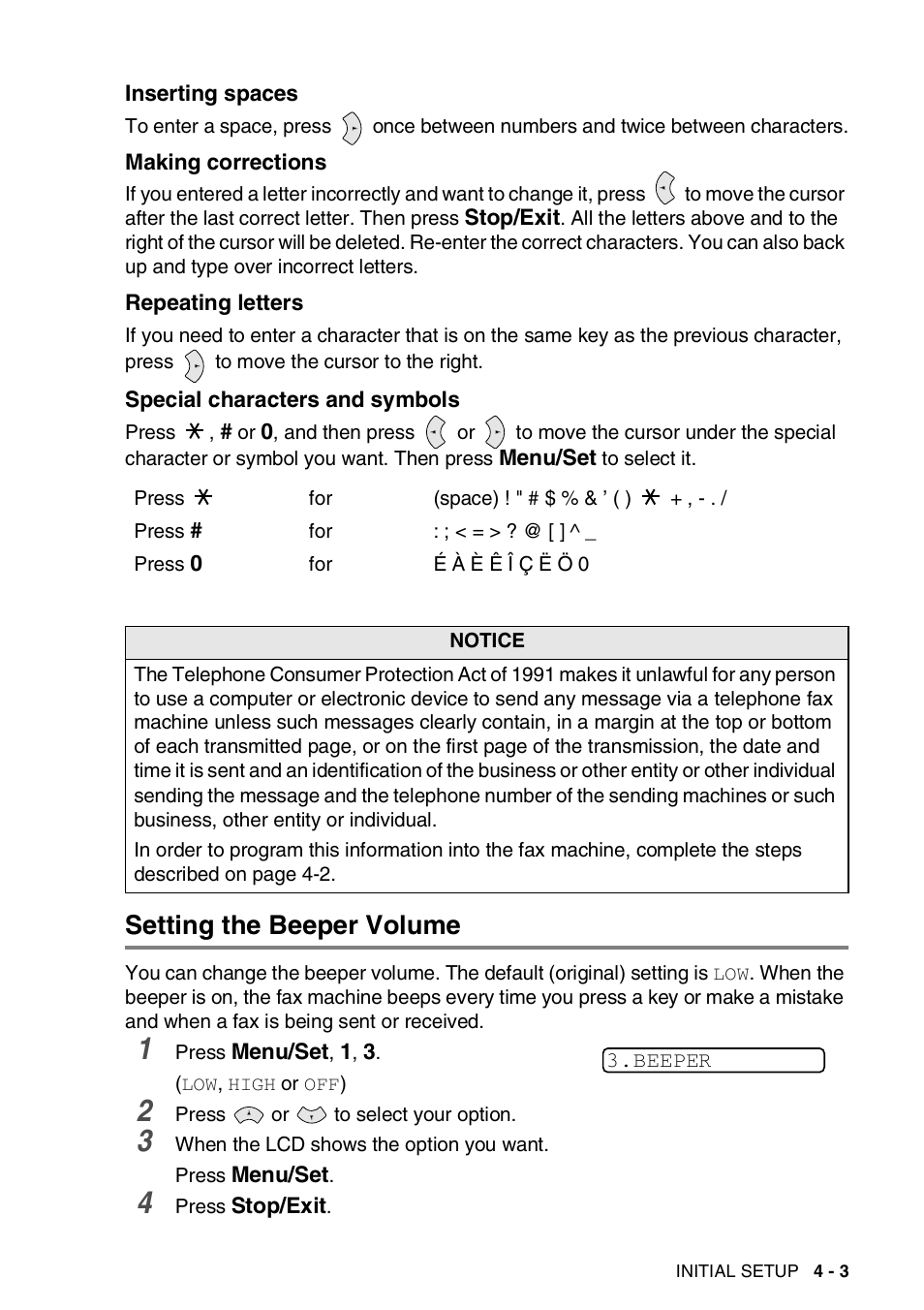 Inserting spaces, Making corrections, Repeating letters | Special characters and symbols, Setting the beeper volume, Setting the beeper volume -3 | Brother FAX-565 User Manual | Page 42 / 119