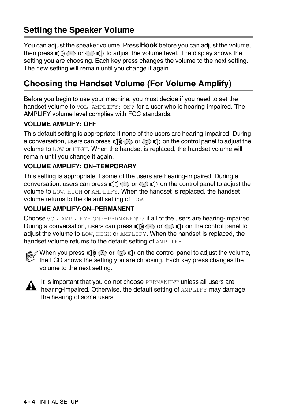 Setting the speaker volume, Choosing the handset volume (for volume amplify) | Brother FAX-565 User Manual | Page 43 / 119