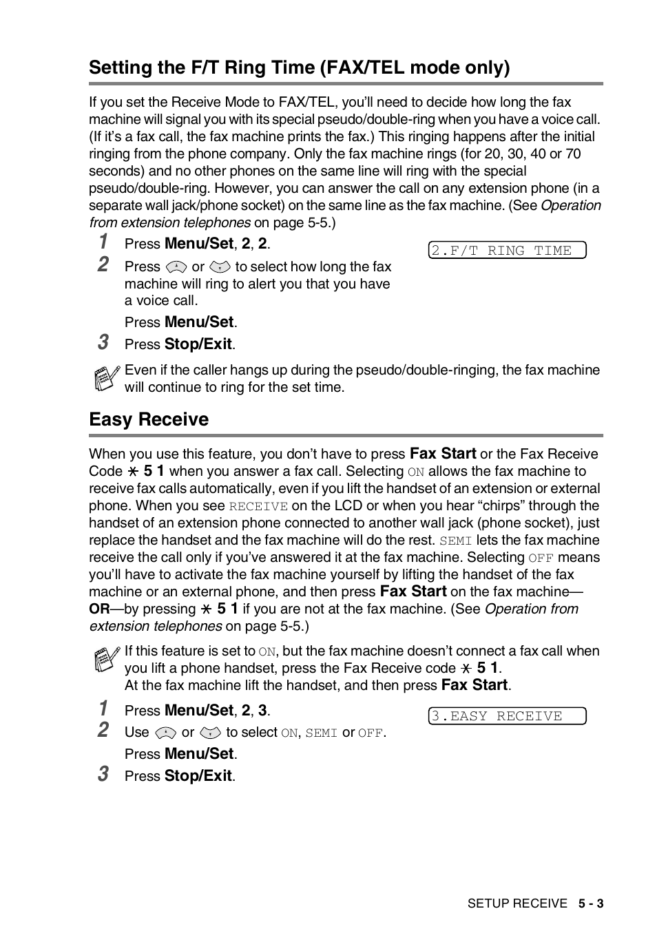 Setting the f/t ring time (fax/tel mode only), Easy receive | Brother FAX-565 User Manual | Page 48 / 119