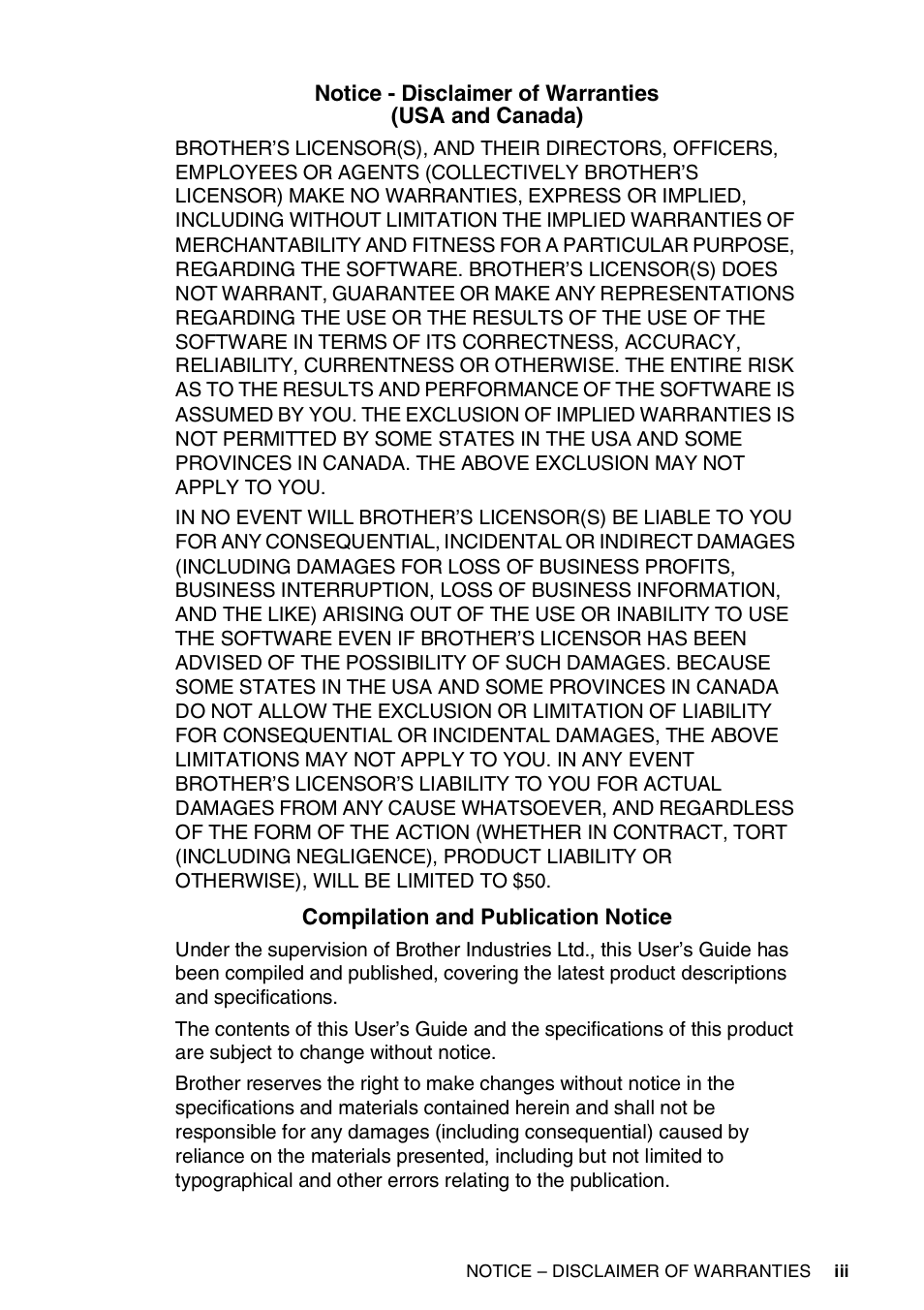 Notice - disclaimer of warranties (usa and canada), Compilation and publication notice | Brother FAX-565 User Manual | Page 5 / 119
