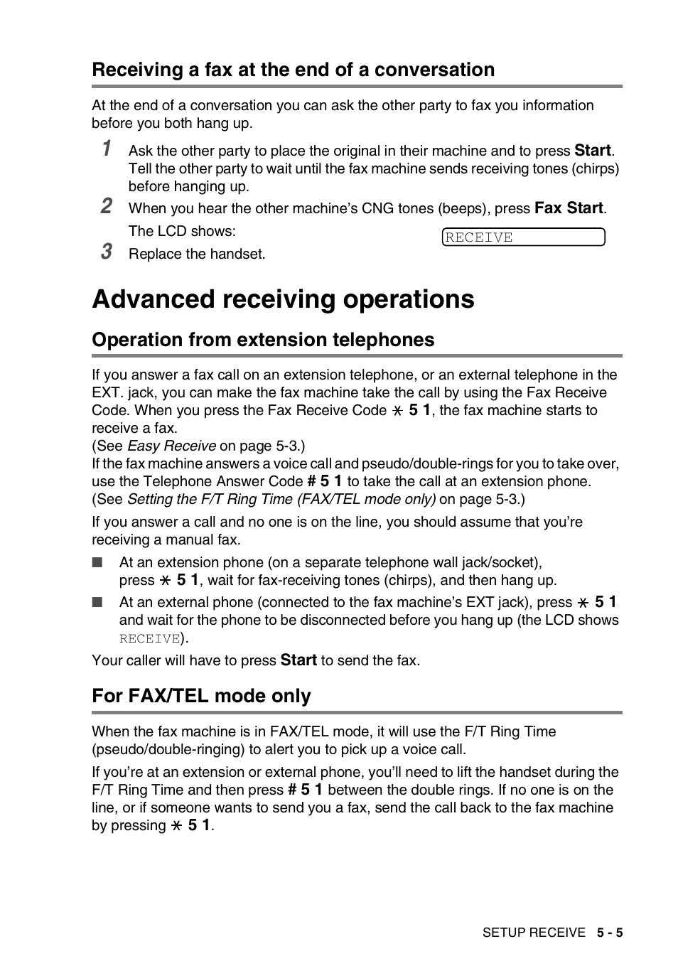 Receiving a fax at the end of a conversation, Advanced receiving operations, Operation from extension telephones | For fax/tel mode only, Receiving a fax at the end of a conversation -5, Advanced receiving operations -5 | Brother FAX-565 User Manual | Page 50 / 119