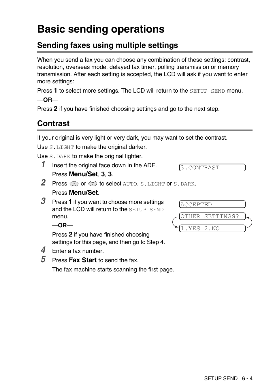 Basic sending operations, Sending faxes using multiple settings, Contrast | Basic sending operations -4 | Brother FAX-565 User Manual | Page 62 / 119