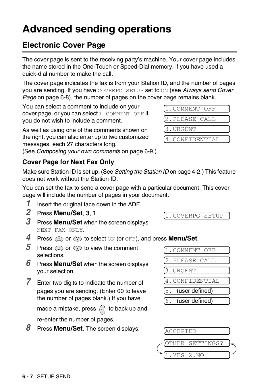 Advanced sending operations, Advanced sending operations -7, Electronic cover page | Brother FAX-565 User Manual | Page 65 / 119