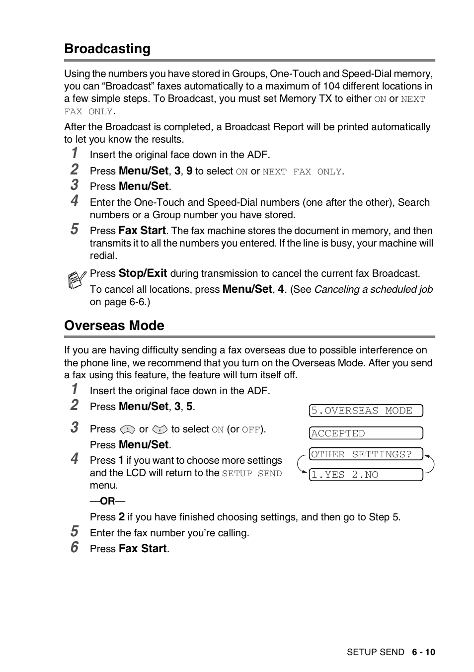 Broadcasting, Overseas mode, Broadcasting -10 overseas mode -10 | Brother FAX-565 User Manual | Page 68 / 119