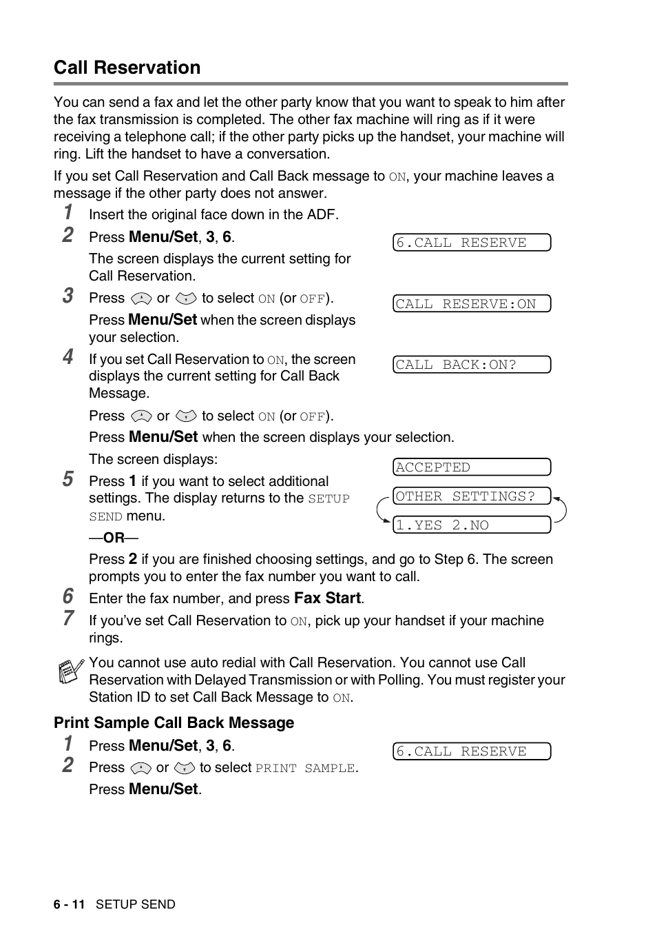 Call reservation, Print sample call back message, Call reservation -11 | Print sample call back message -11 | Brother FAX-565 User Manual | Page 69 / 119