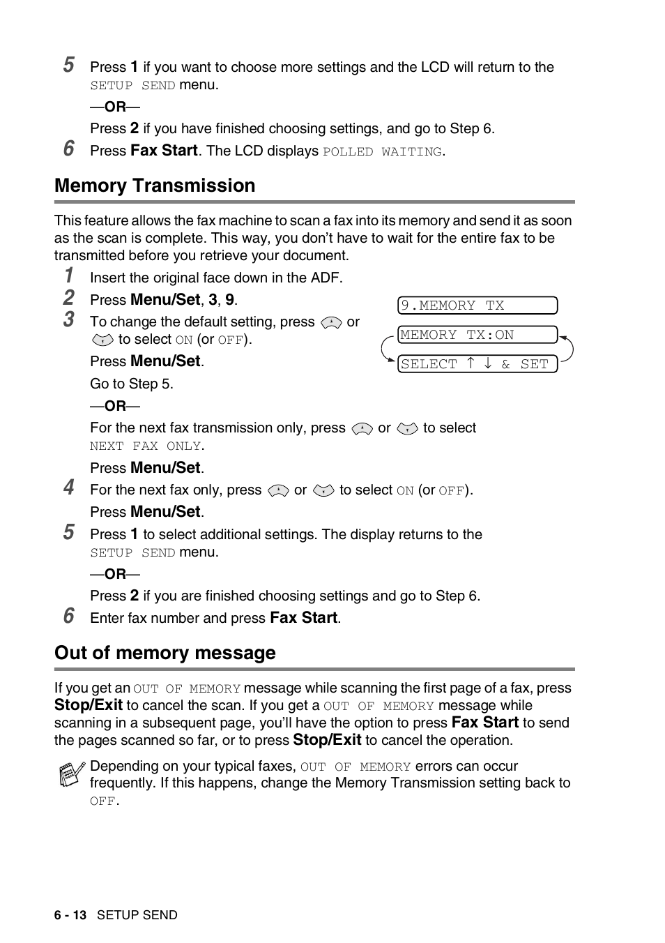 Memory transmission, Memory transmission -13 out of memory message -13 | Brother FAX-565 User Manual | Page 71 / 119
