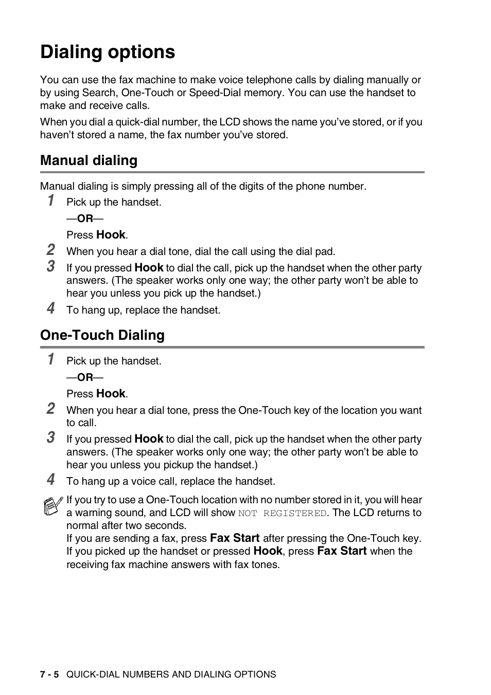 Dialing options, Manual dialing, One-touch dialing | Dialing options -5, Manual dialing -5 one-touch dialing -5 | Brother FAX-565 User Manual | Page 77 / 119