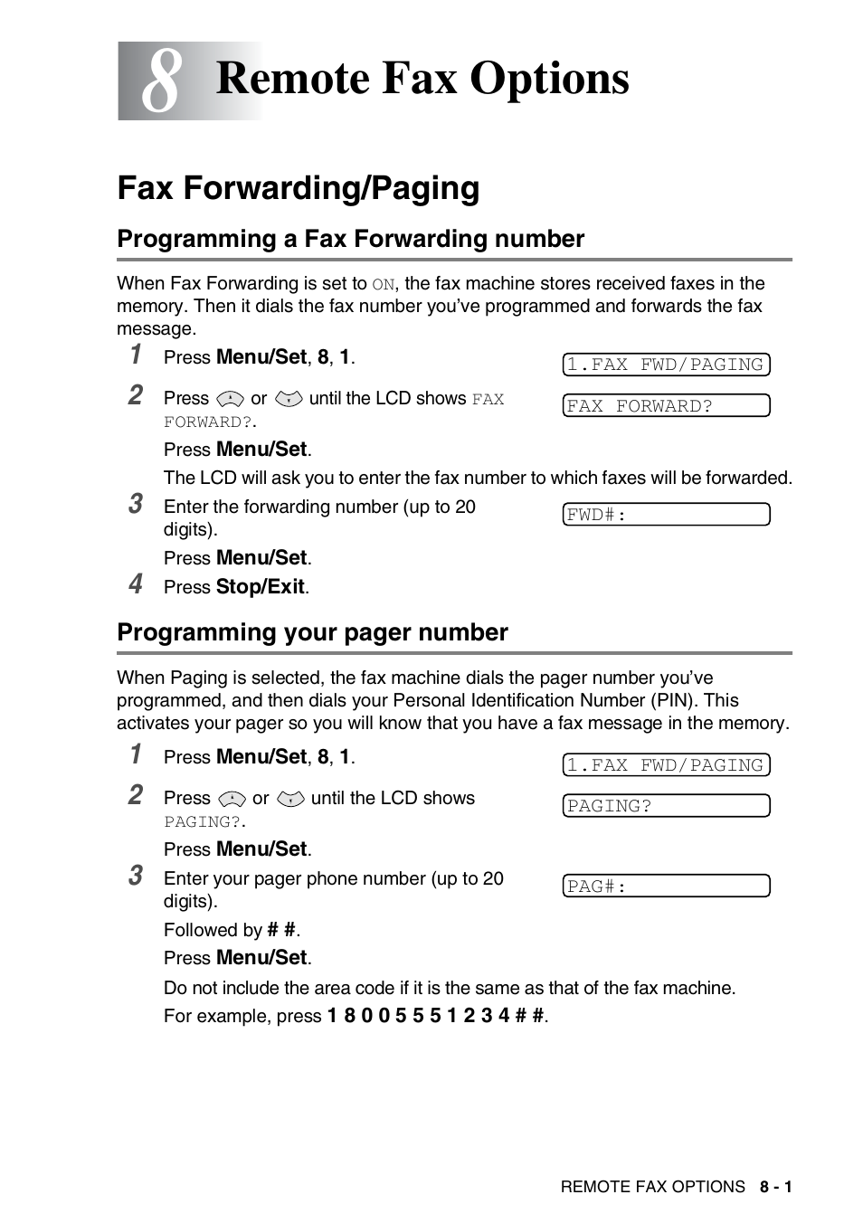 8 remote fax options, Fax forwarding/paging, Programming a fax forwarding number | Remote fax options -1, Fax forwarding/paging -1, Remote fax options | Brother FAX-565 User Manual | Page 80 / 119