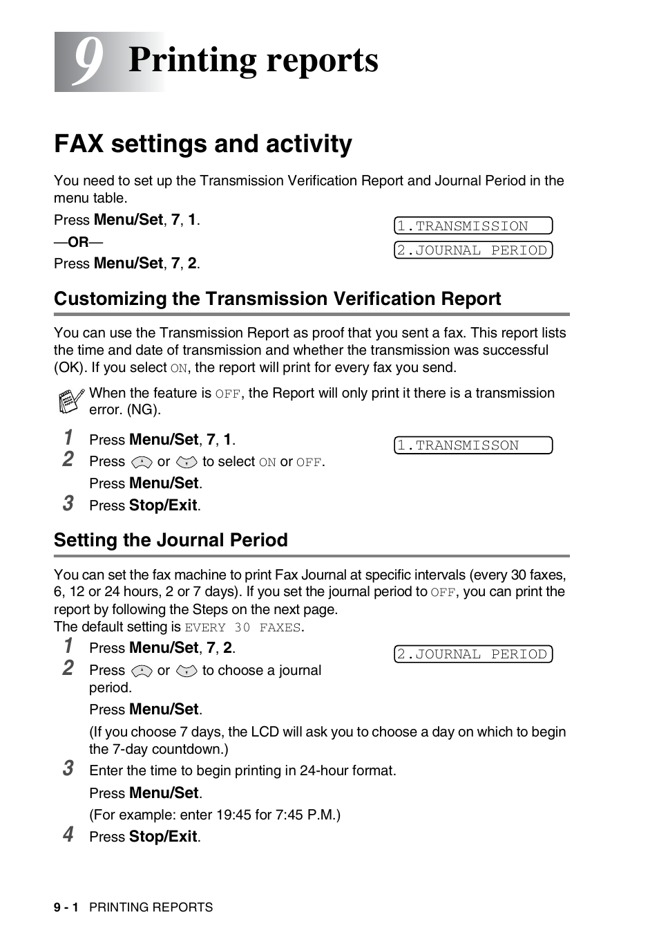 9 printing reports, Fax settings and activity, Customizing the transmission verification report | Setting the journal period, Printing reports -1, Fax settings and activity -1, Printing reports | Brother FAX-565 User Manual | Page 85 / 119