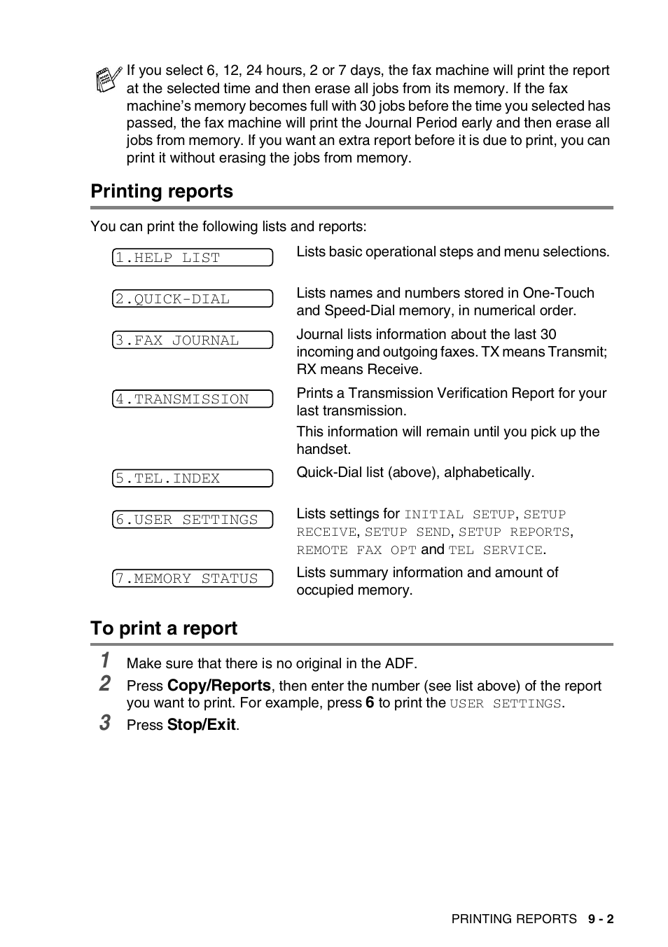 Printing reports, To print a report, Printing reports -2 to print a report -2 | Brother FAX-565 User Manual | Page 86 / 119