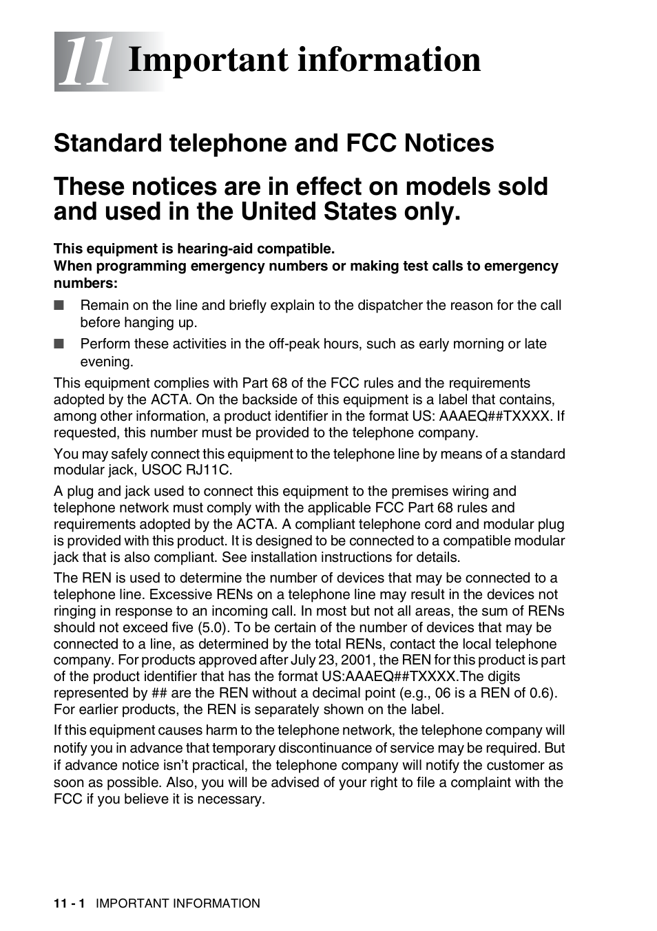 11 important information, Standard telephone and fcc notices, Important information -1 | Used in the united states only -1, Important information | Brother FAX-565 User Manual | Page 89 / 119