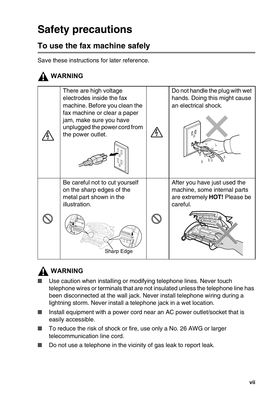 Safety precautions, To use the fax machine safely | Brother FAX-565 User Manual | Page 9 / 119
