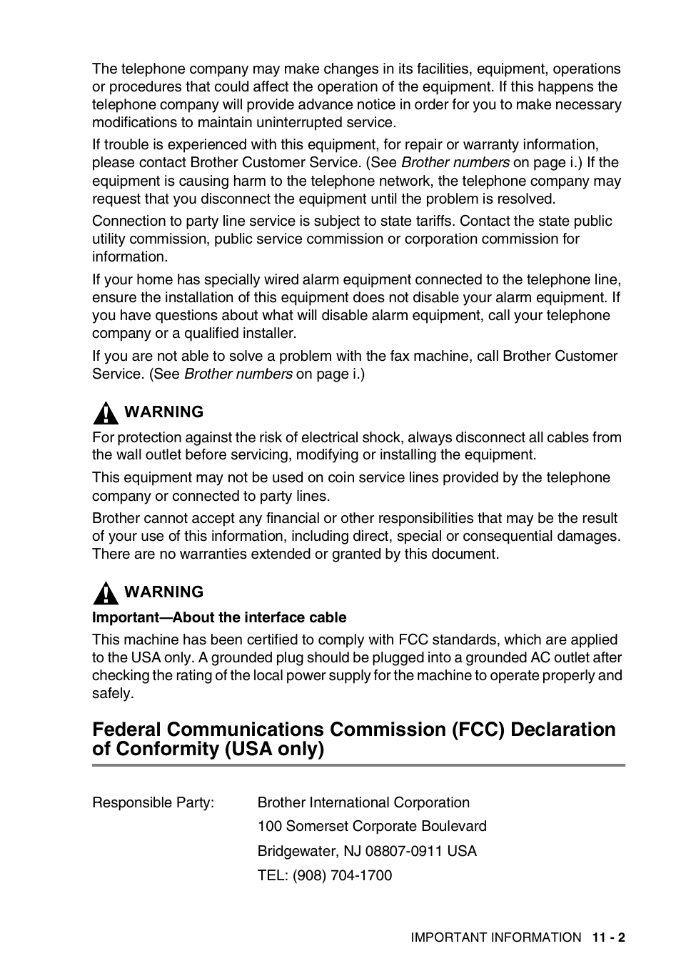 Federal communications commission (fcc), Declaration of conformity (usa only) -2 | Brother FAX-565 User Manual | Page 90 / 119