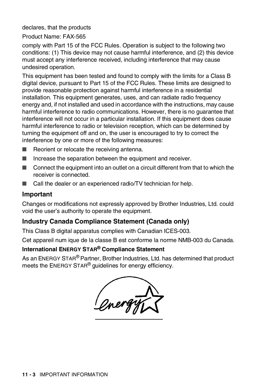 Important, Industry canada compliance statement (canada only), Important -3 industry canada compliance statement | Canada only) -3 | Brother FAX-565 User Manual | Page 91 / 119