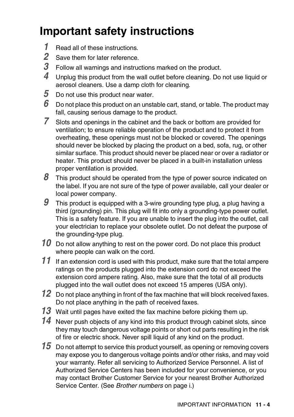 Important safety instructions, Important safety instructions -4 | Brother FAX-565 User Manual | Page 92 / 119